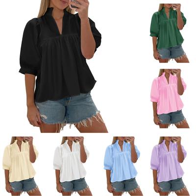 Womens Puff Sleeve V Neck Blouse Babydoll Peplum Tops Dressy Casual Pleated Loose Fit Shirts