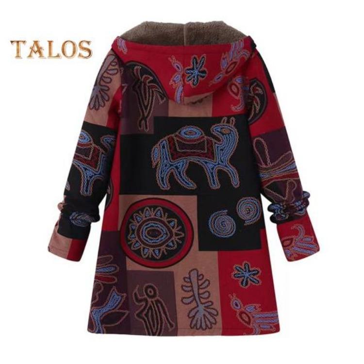Women Winter Coat Retro Floral Print Zip Up Hooded Jacket Mid Length Plush Thick Warm Pockets Long Sleeves Daily Leisure Wear