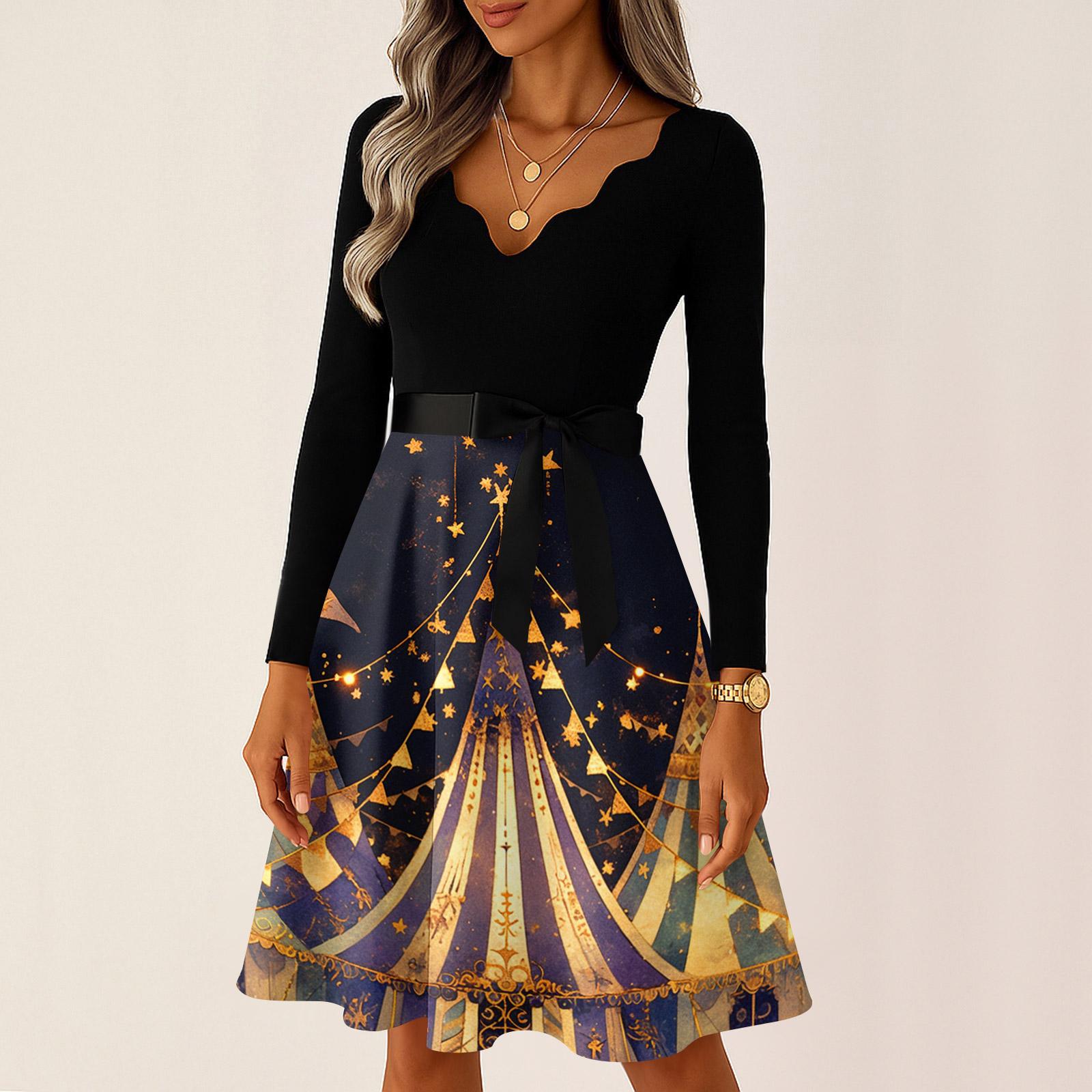 

Женское повседневное модное платье с V-образным вырезом и длинным рукавом с принтом в винтажном стиле S