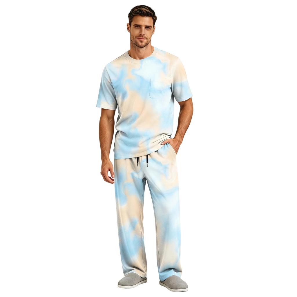 Men's Home Pajama Set, Short Sleeve Top and Long Pants with Button Fly and Drawstring Waist