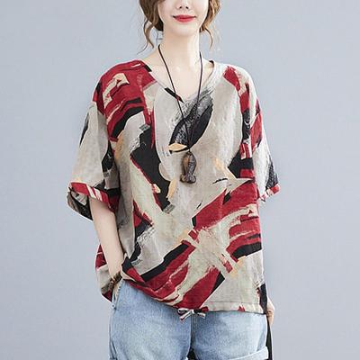 Καλλιτεχνικό Βαμβακο-Λινό Κοντομάνικο T-shirt Μεγάλο Μέγεθος για Γυναικείο Καλοκαίρι Χαλαρό Αφηρημένο Τυπωμένο Δυτικού Στυλ Μειωτικό Ηλικίας Λινό Τοπ