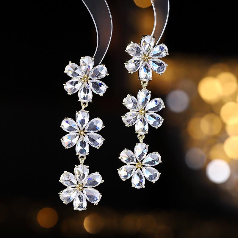 925 Silver Needle Flower Crystal Earrings, Korean Style High-End Zircon Studs, Sweet Dopamine Design for Women