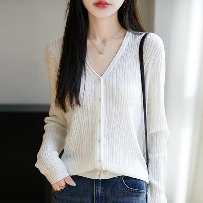 2025 Spring/Summer Women's Wool Silk V-Neck Long Sleeve Loose Knit Cardigan