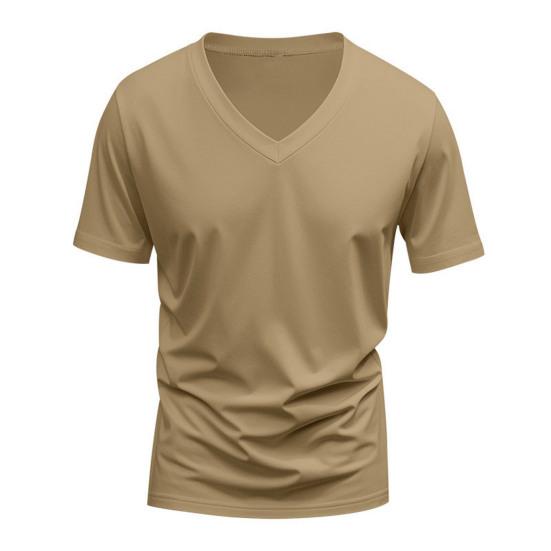 Men Summer T-shirt Short Sleeves V Neck Solid Color Quick-drying Loose Pullover Mid Length Top for Sport Office Dating