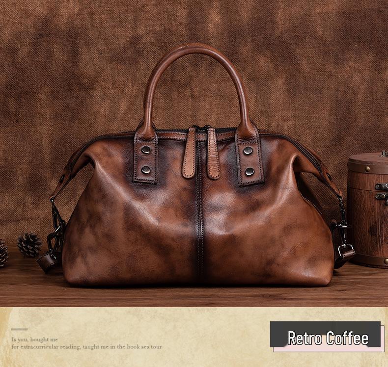 2025 European & American Retro Cowhide Women's Handbag - Top Layer, Color-Rubbed, Single Shoulder & Crossbody, Large Capacity