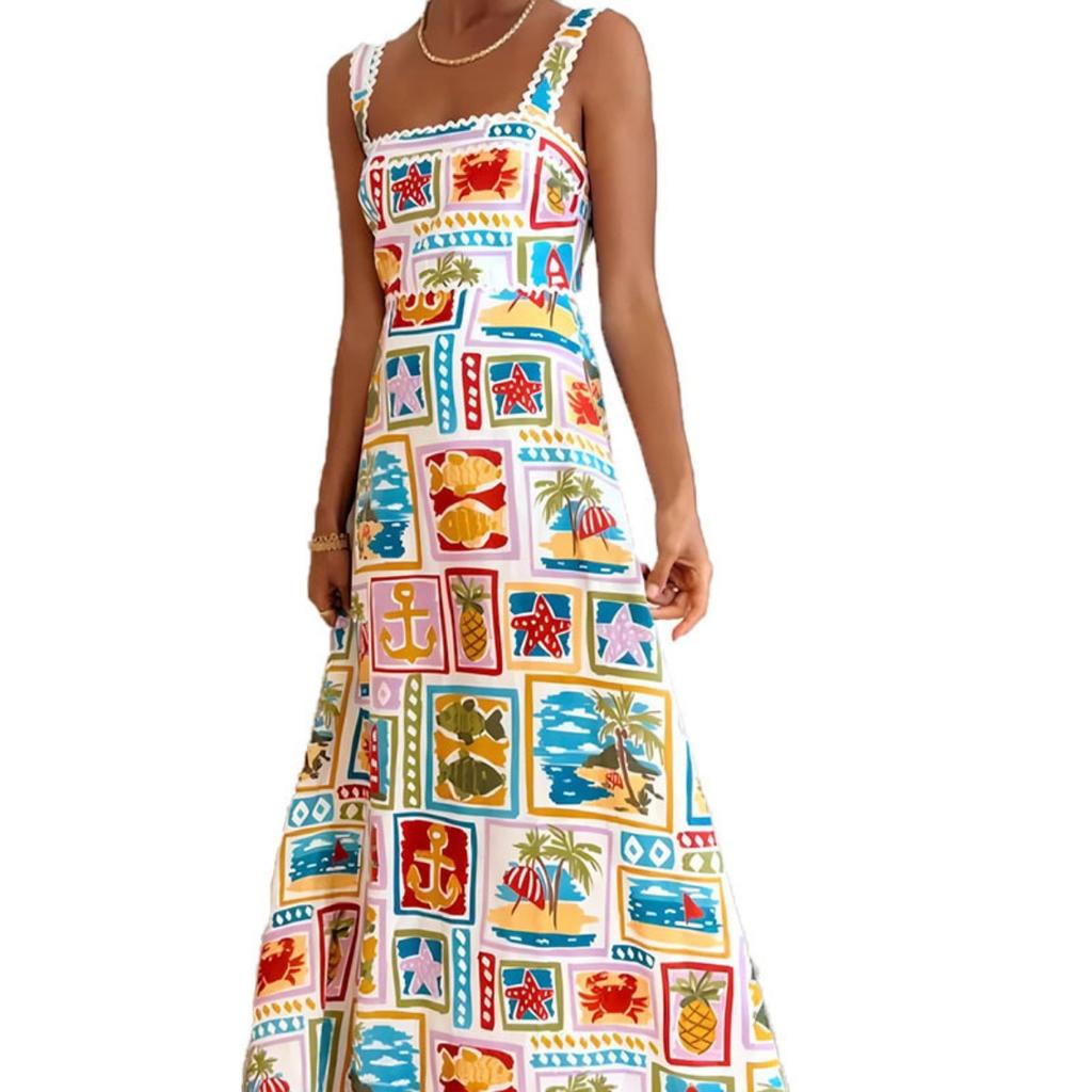 Spring New Arrival Women's Fashion Vacation Style Graffiti Print Suspender Dress, European & American Casual Dresses for Women