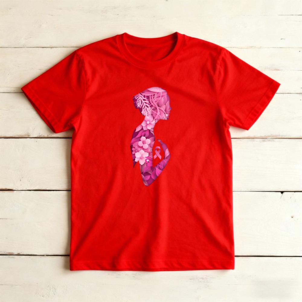 vFloral Silhouette Blackunisex Pink Ribbon Graphicunisex Summer Cotton T Shirt Inspirational Breast Cancer Short Sleeve Garment