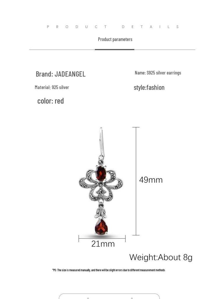Cercei Atârnători Granat Roșu Stil Etnic, Argint Sterling s925, Bijuterii Versatile Europene și Americane