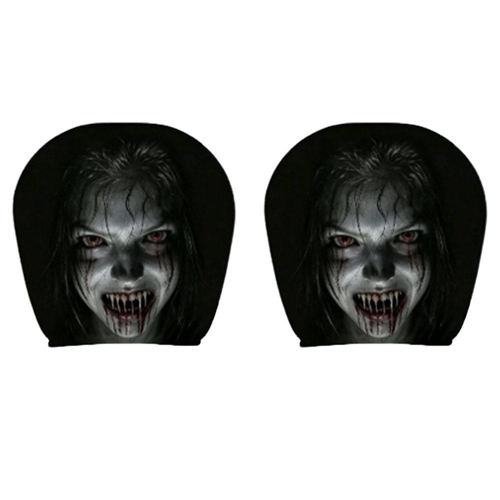 2Pcs Black Car Seat Cover Scary Face Printing Car Headrest Protector Car Headrest Cover Halloween