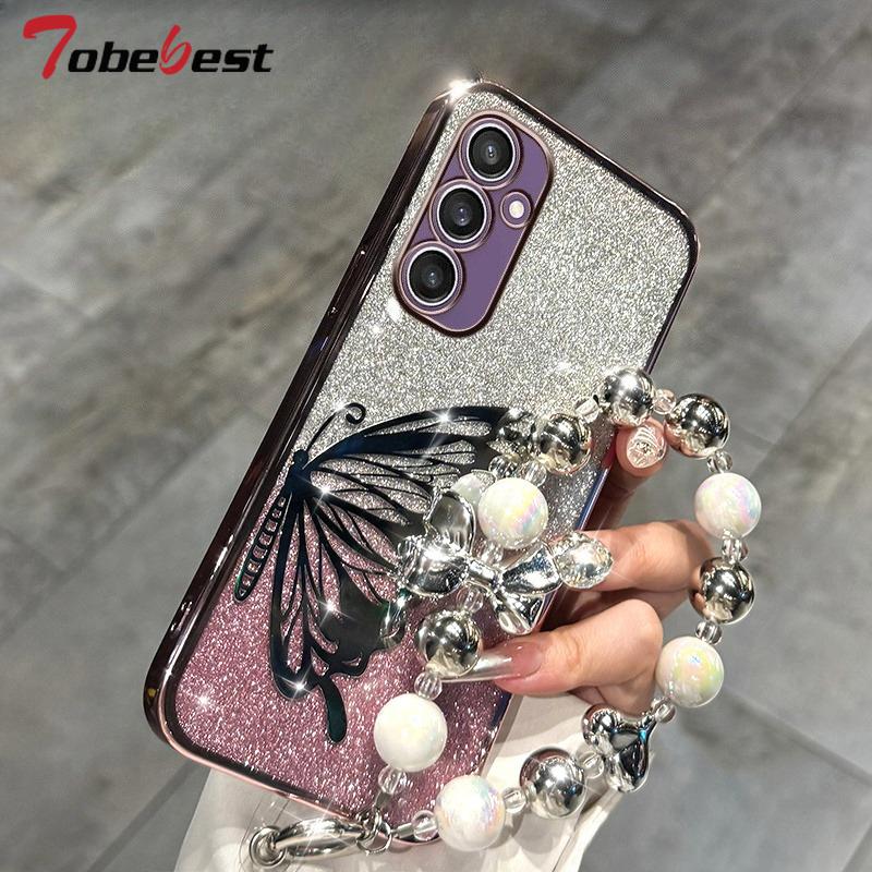 Laser Butterfly Glitter Plating Bracelet Case For Samsung Galaxy A17 A07 A16 A26 A36 A56 A06 A15 A25 A35 A55 A14 A24 A34 A54 5G