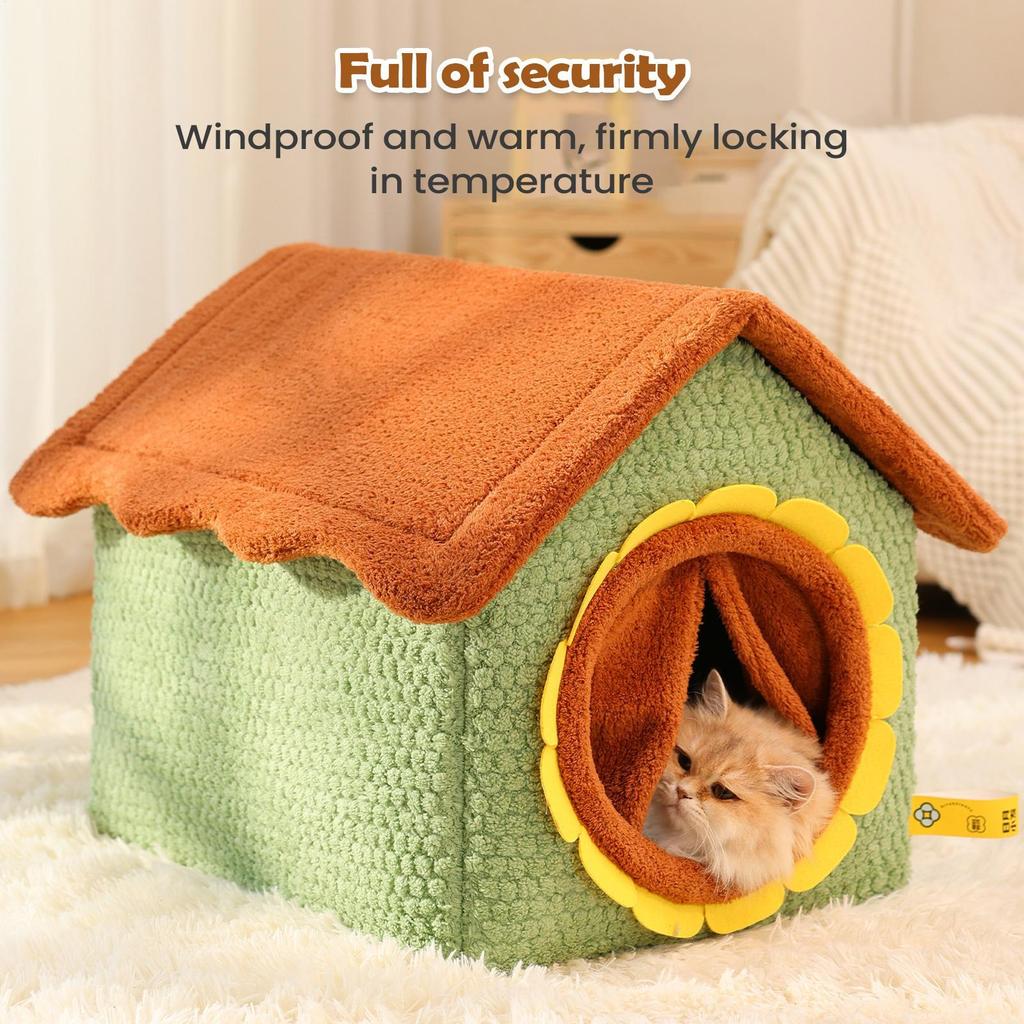 Sunflower Warm Cat Bed Winter Washable Puppy Bed Enclosed Cat House Cave Foldable Detachable Cats Sleeping Bed With Door Curtain