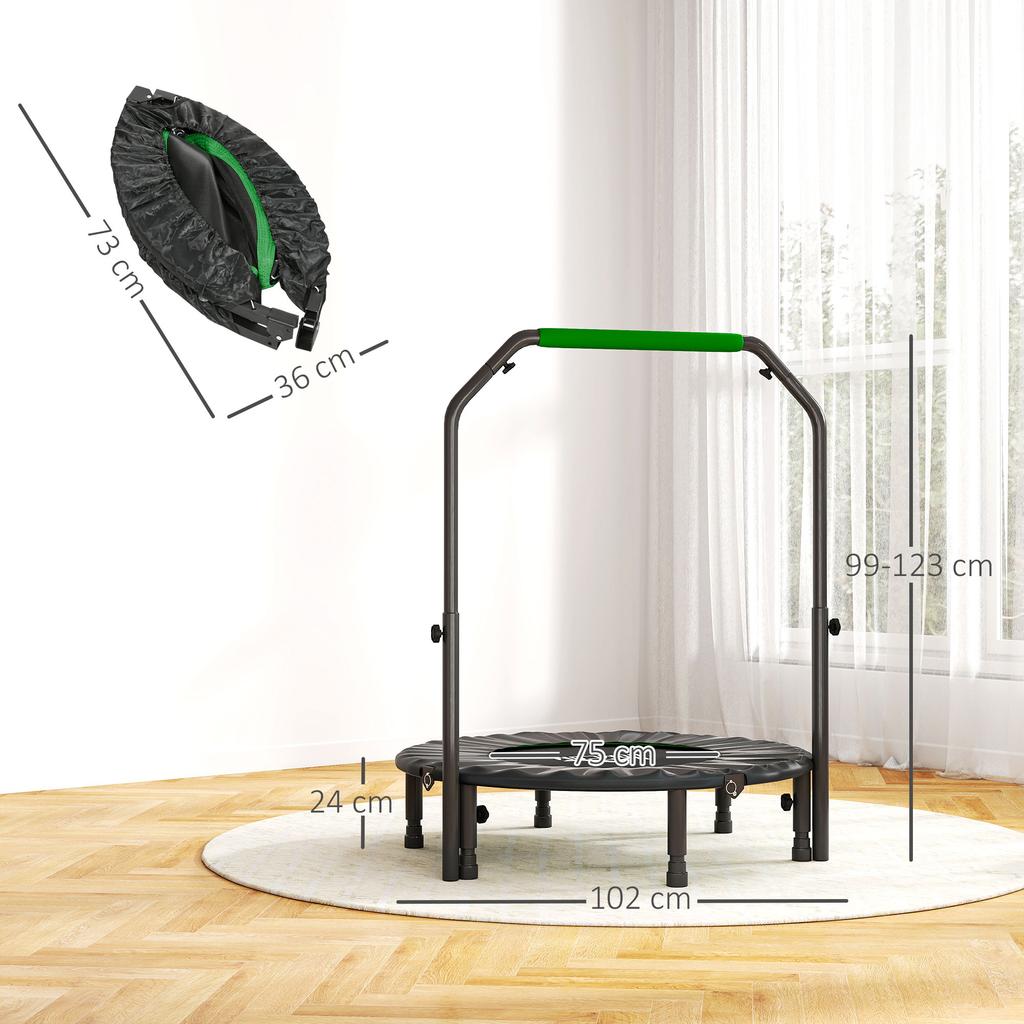 40 Zoll faltbares Mini-Fitness-Trampolin, mit verstellbarem Schaumstoffgriff, Grün