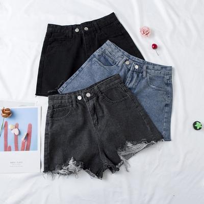 Hosen Mode Vielseitig Risse Löcher Weiblich Schwarz Grau High-Waist Locker Dünn A-Linie Weiter Bein Hosen Roher Saum Sommer Jeansshorts Individualität