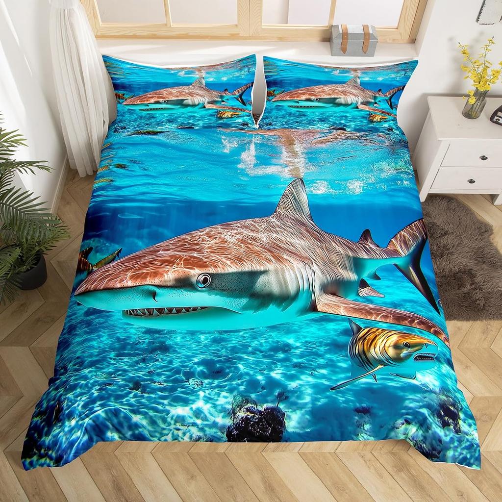 Shark Duvet Cover Queen, 3D Shark Comforter Cover for Kids Boys Girls Teens, Ocean Wave Bed Set, Ocean Life Bedding Set