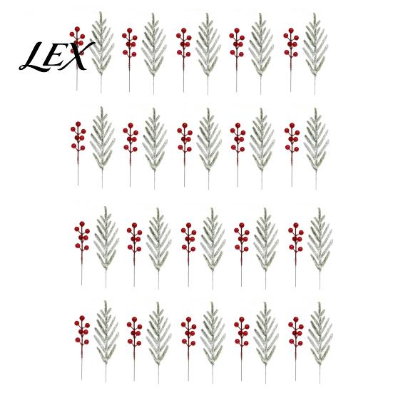Artificial Flower Arrangements for Indoor 20Pcs Christmas Norfolk Pine Picks, Flocked Snow Branches with Tree Ornaments Atmosphere Red Berries,
