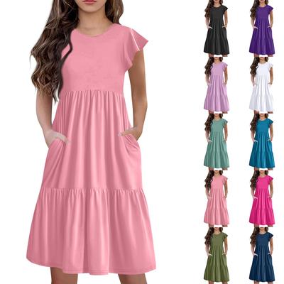 Children's Skirt Round Neck Pleated Flying Sleeve Short Sleeve Princess Skirt Fashion Casual Pocket Dress For Girls