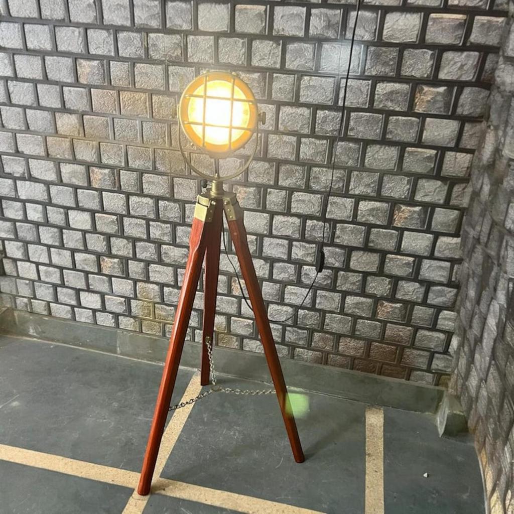 Elegant Brass Antique Tripod Searchlight Floor Lamp - Nautical Home Decor Retro Style Marine Spotlight Perfect for Corner Display