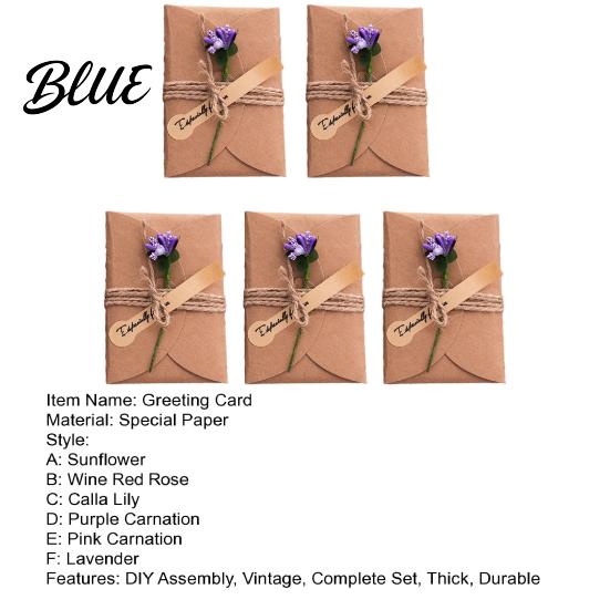 Romantic Sunflower Rose Greeting Cards 5Pcs DIY Dried Flower Cards, Handmade Note with Artificial Flowers, Jute Twine Personalized Message Flowers