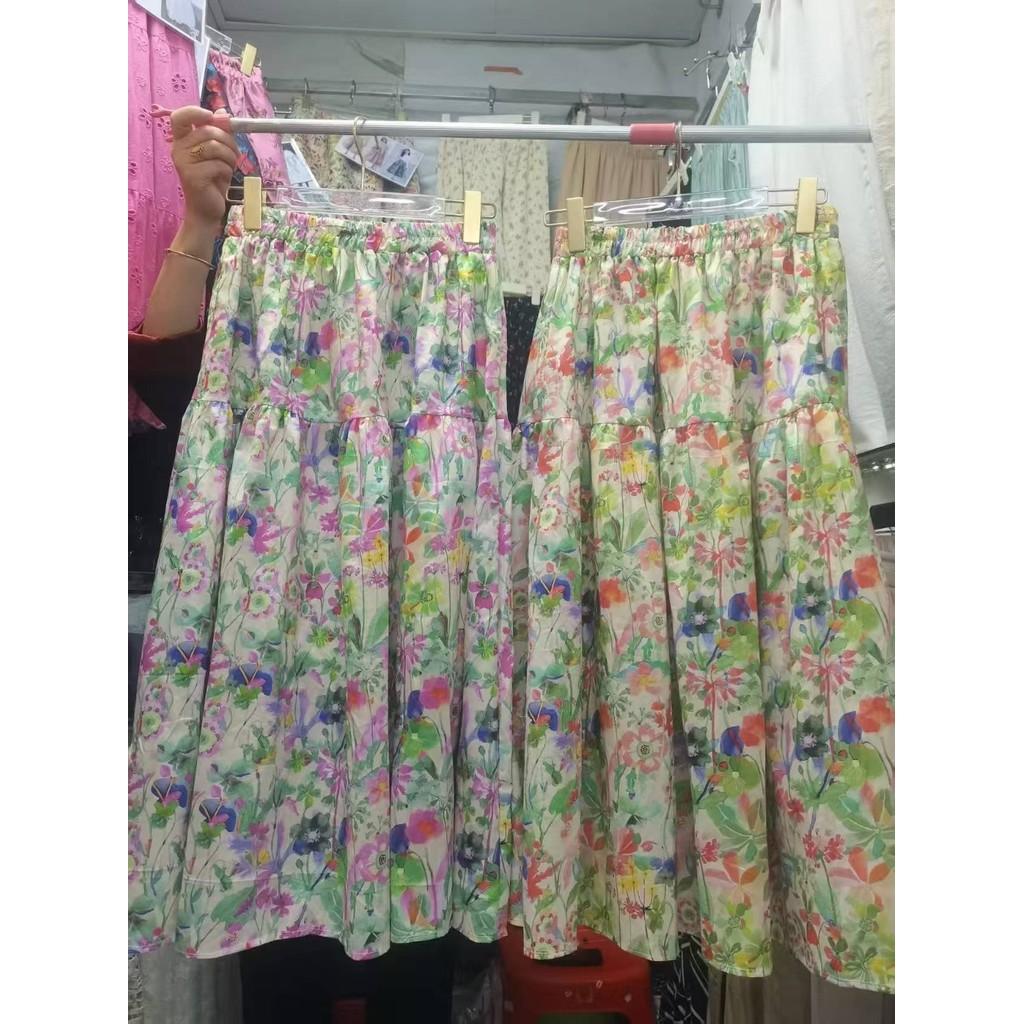 Qooth Retro Damska Spódnica A-line w Kwiaty Szeroki Dół Długość Midi Elastyczna Talia Casualowa Spódnica QT2637