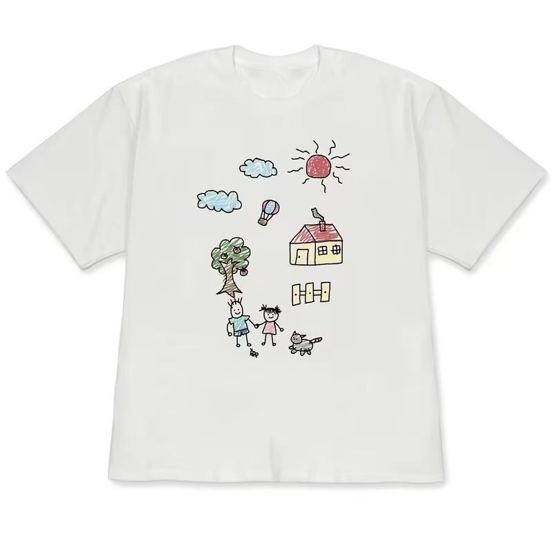 Cute Kids Drawing Print Casual Tee Aesthetic Graphic Tshirt Loose Fit Streetwear Funny Cartoon Design Top