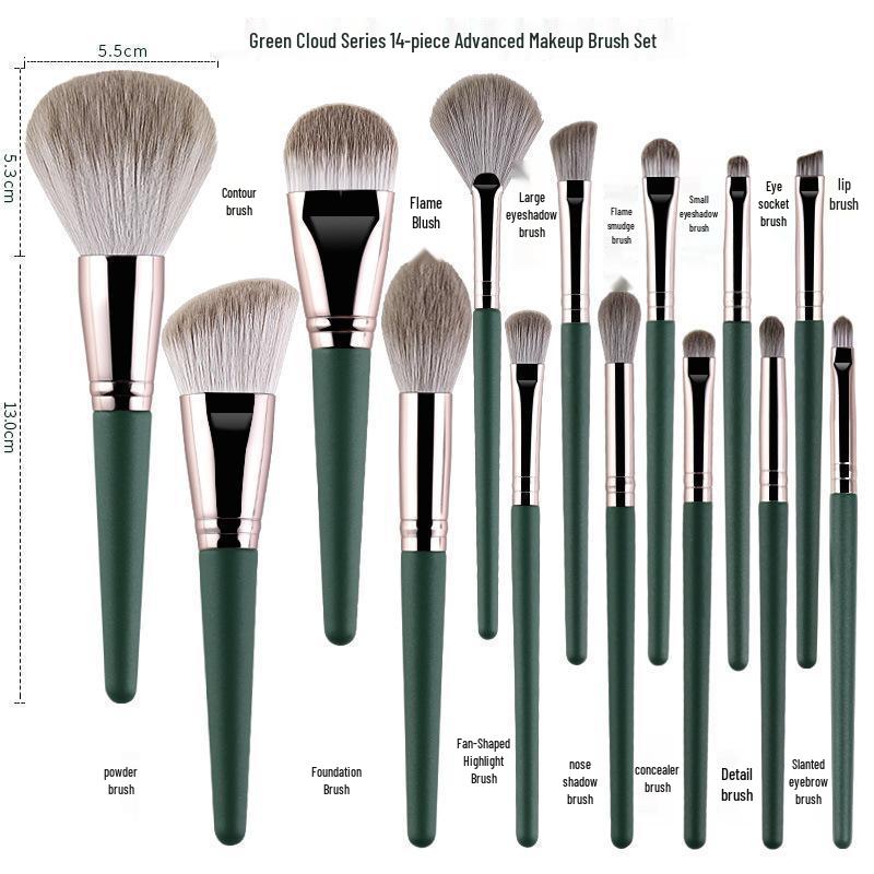 Green Cloud 14-Piece Soft Bristle Makeup Brush Set for Beginners – Eyeshadow & Powder Brush