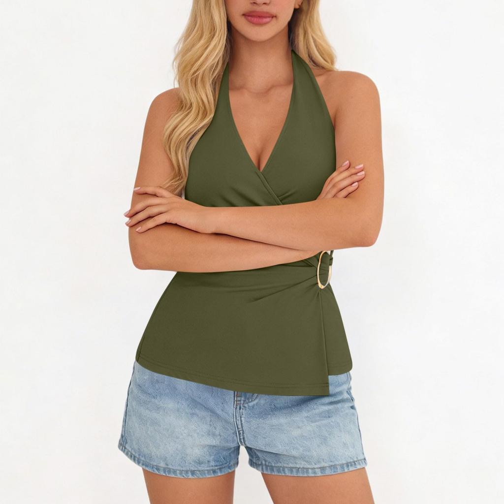 Women's Fashionable Plain Sleeveless V-neck Sexy Cross-Back  Top