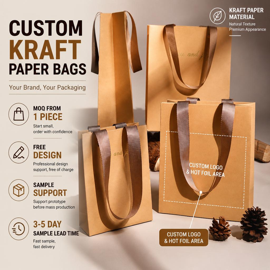 Premium High-Tensile Kraft Paper Bag with Logo Custom Print Ribbon Handle Boutique Bags
