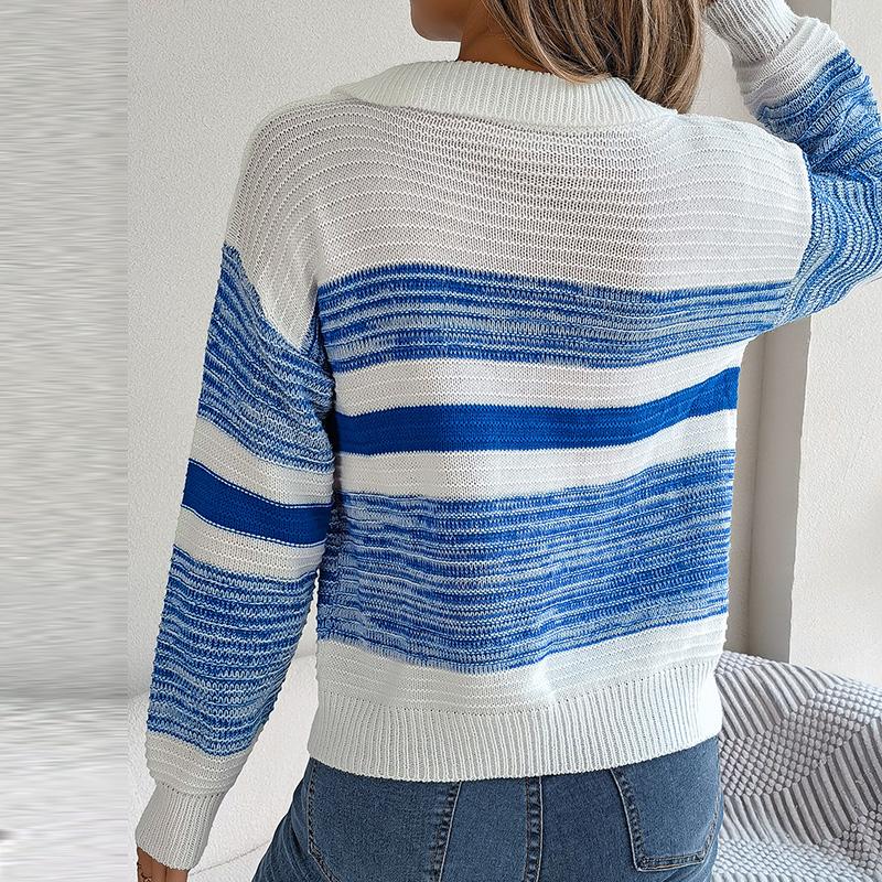 Women Autumn Winter Casual Polo Collar Contrast Stripe Long Sleeve Knit Pullover Sweater