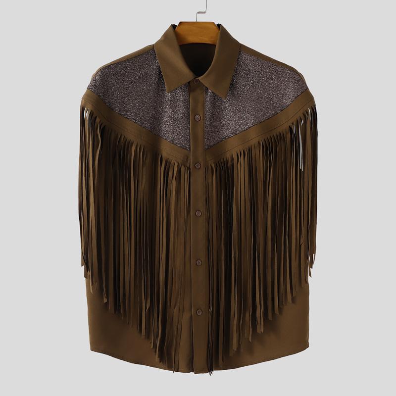 INCERUN Men Short Sleeve Glitter Tassel Patchwork Buttons Casual Tops T-shirts