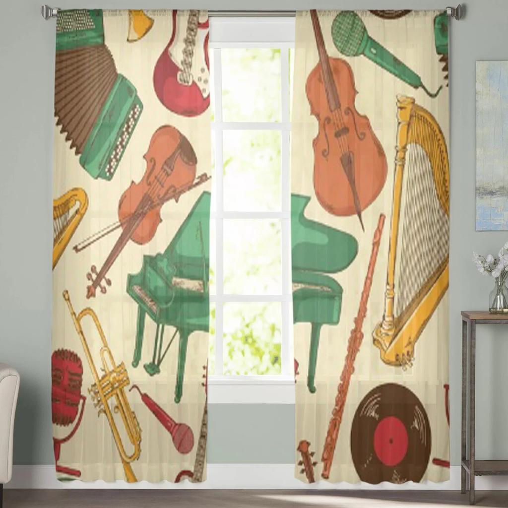 Colorful Pattern Of Musical Instruments Sheer Curtains For Bedroom Living Room Tulle Curtains For Kitchen Window Voile Curtains