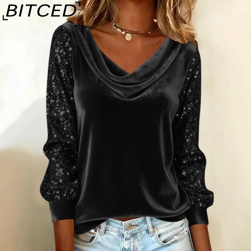 BITCED Fashion Women's Velvet Sequined Patchwork Long-Sleeved T-Shirt Top