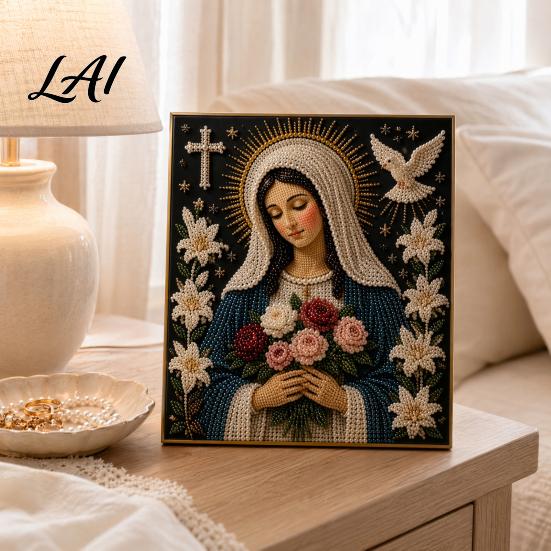 3D Pearl Painting Faith Kit Virgin Mary DIY Faux Art Religious Prayer Corner Decoration Craft Set Handmade Home Wall for Christian Corners Kit