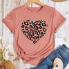 Heart Leopard Pattern Cotton T-Shirt Short Sleeve Round Neck Women 2d Print Tops