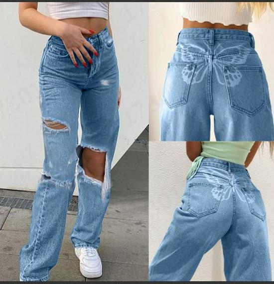 2023 Women s Butterfly Print Ripped Jeans - Fashionable Long Pants XXL