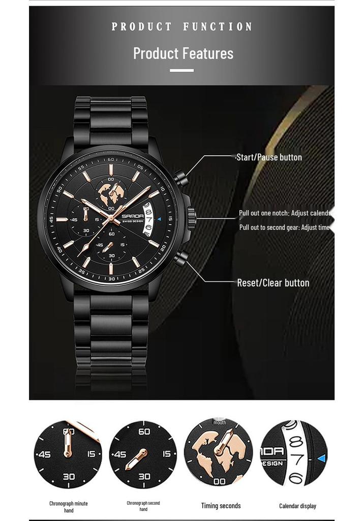 Sanda Men's Luminous Waterproof Quartz Watch with Three Subdials, Six Hands, and Calendar