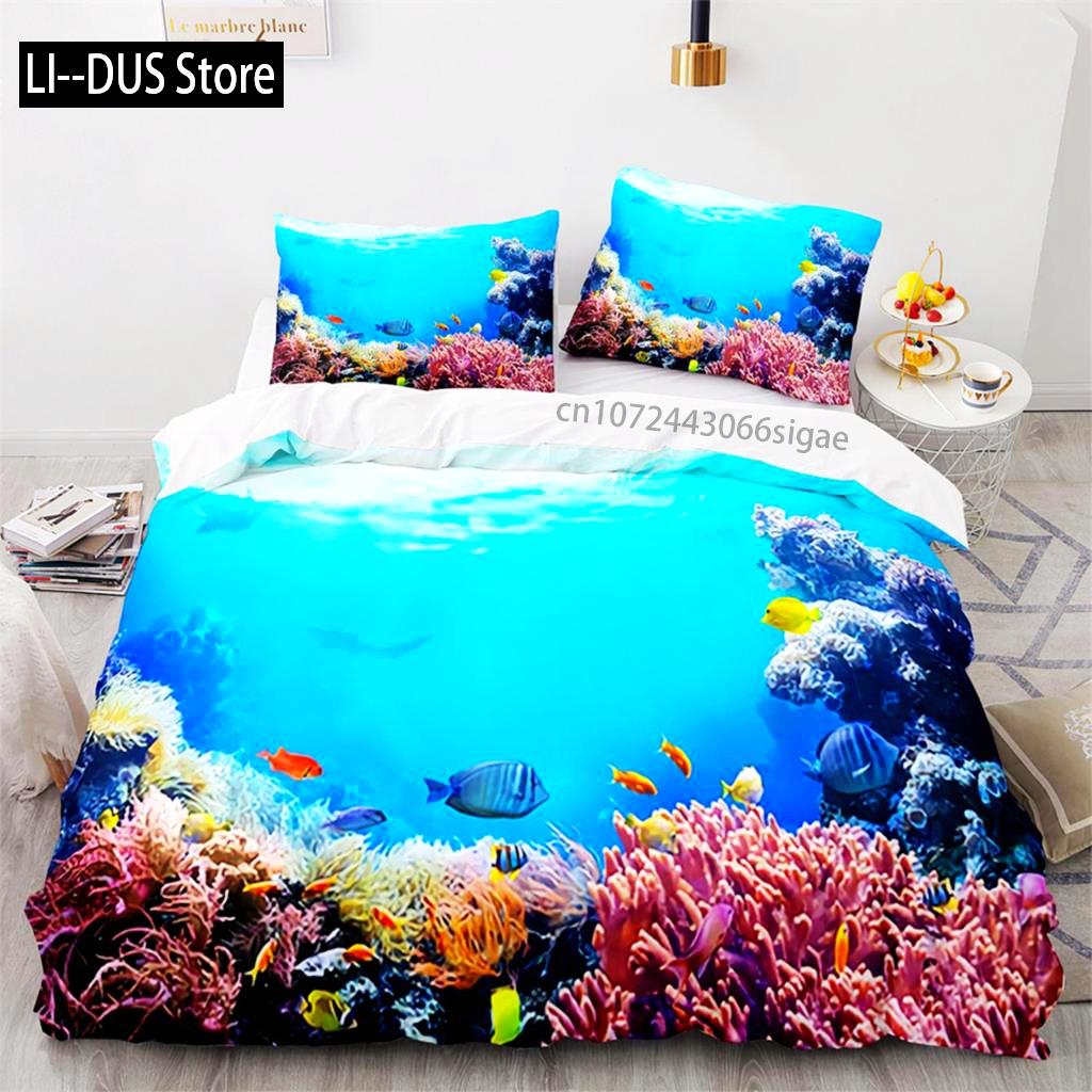 Duvet Cover Ocean Underwater World Bedding Sets With Goldfish Coral Reef Quilt Cover For Kids Teens Children Bedroom Decoration