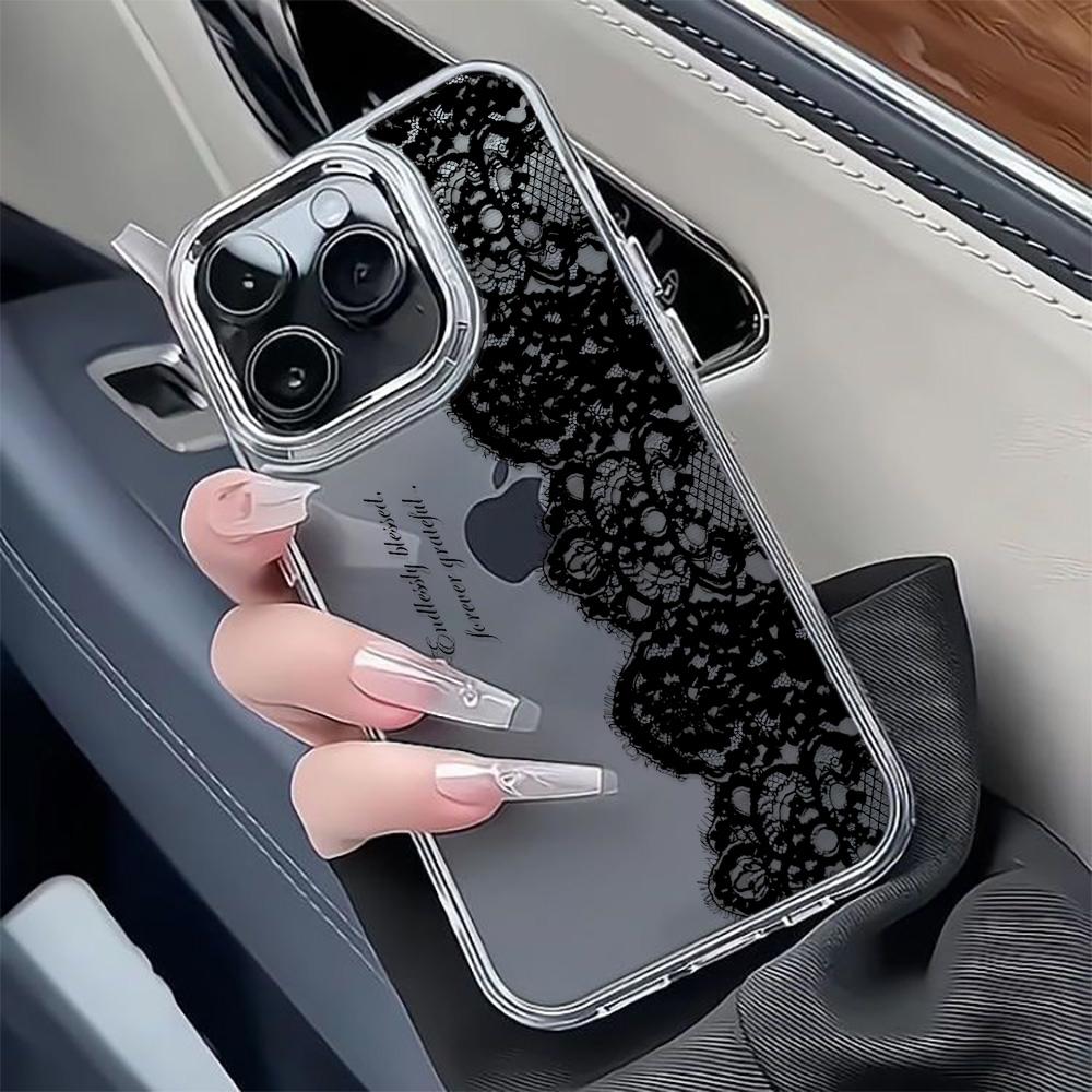 Lace Pattern Phone Case For Iphone 16 Pro Max 17 15 14 Plus 13 12 11 Air 17E 16E Cover Smooth Metal Photo Frame Funda Coque