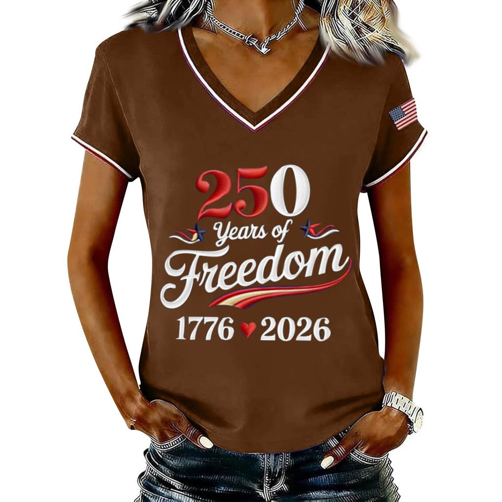Women's Casual V Neck Short Sleeve Pullover Printed T-Shirt Top