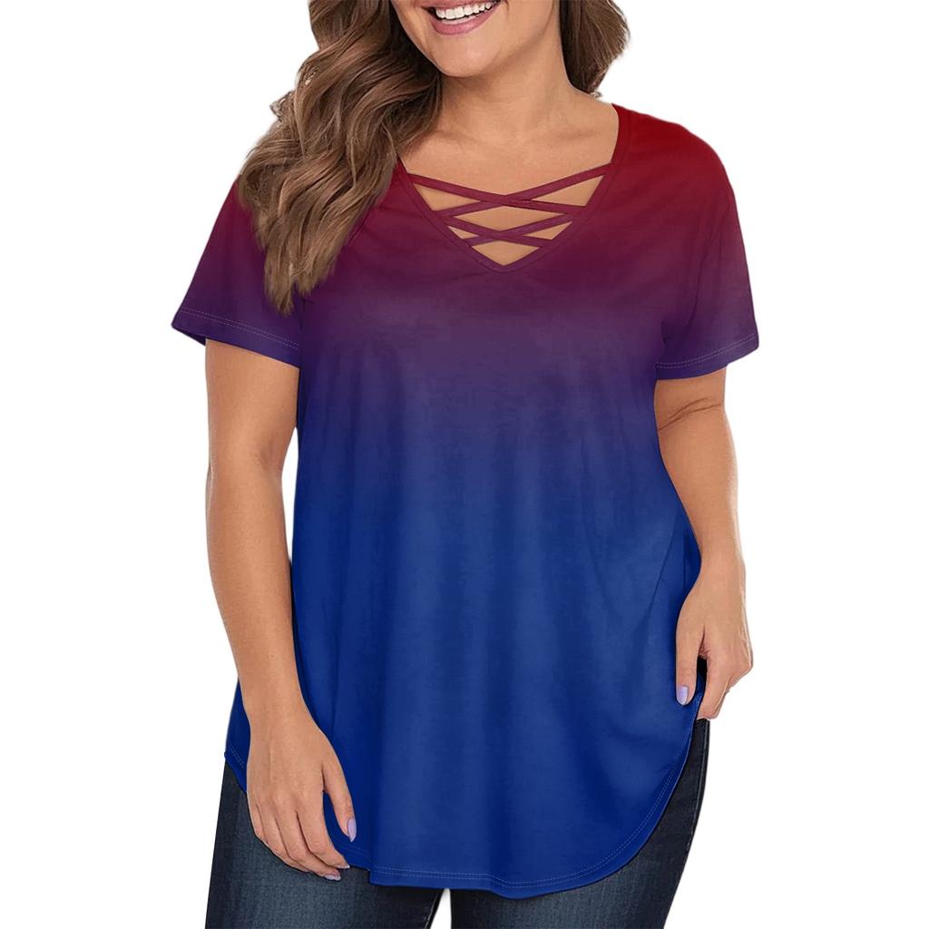 Women's Fashion Casual Gradient Colour Printed V-Neck Short Sleeve Large Size T-Shirt Top