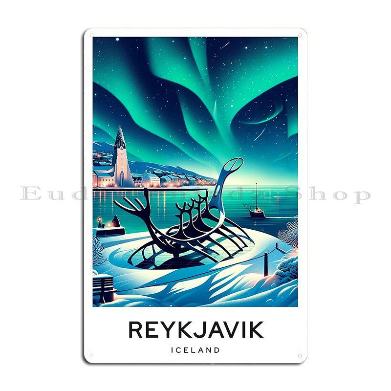 Mfoever Winter Reykjavik Iceland With Northern Lights Metal Sign Painting Garage Cinema Iron Party Tin Sign Poster