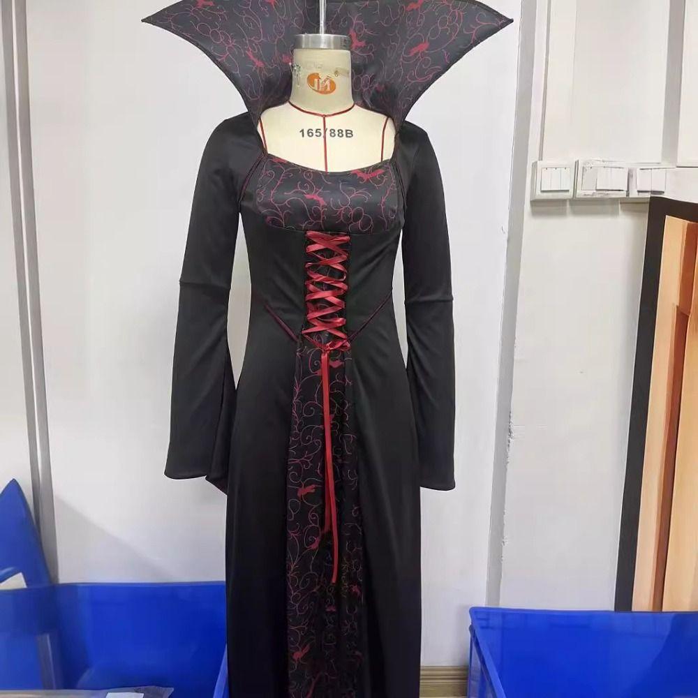 Lace Up Halloween Witch Long Dress Stand Collar Children Medieval Printed Dress  Kids