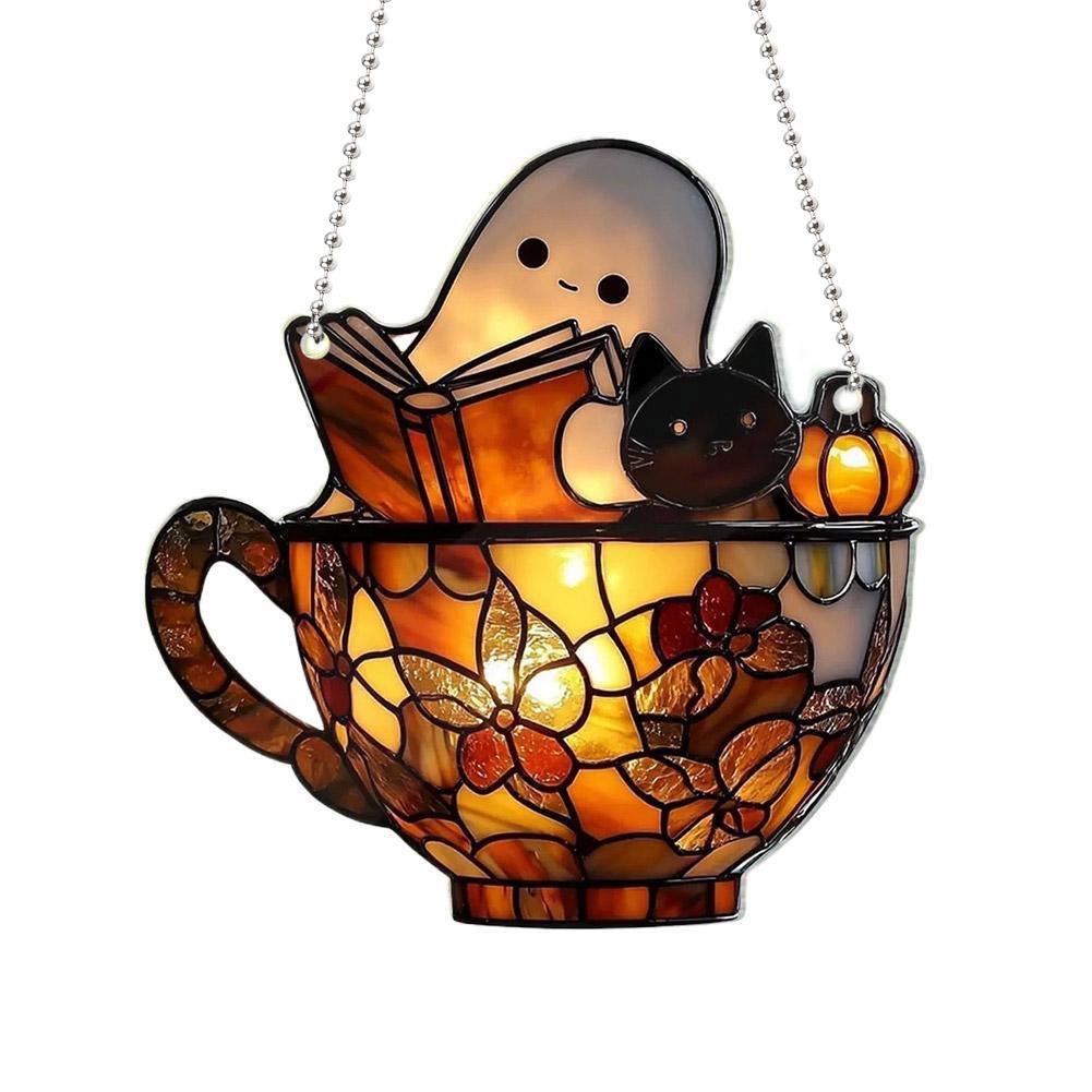 Halloween Ghost Reading Book Suncatcher Hanging Decor Acrylic Window Hanging Ornament Colorful Shadow Home Car Interior Decor