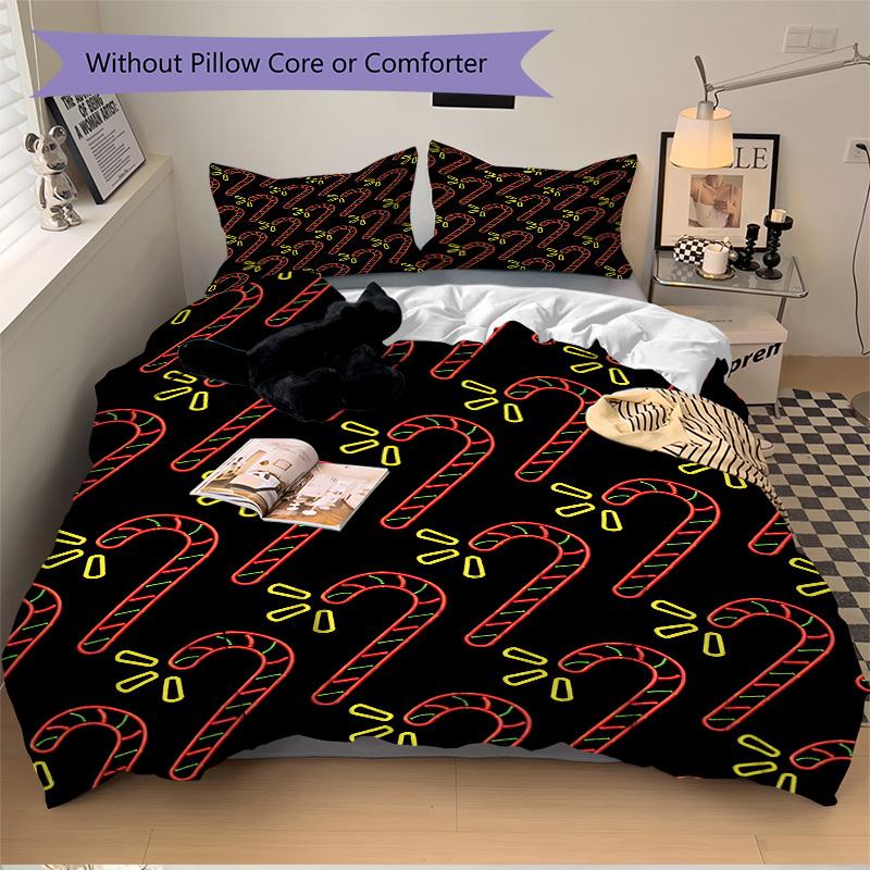 3Pcs Candy Cane Pattern Printed Bedding Set, Breathable And Soft, Machine Washable, Christmas Gift, Suitable for Bedroom Decoration, 15142