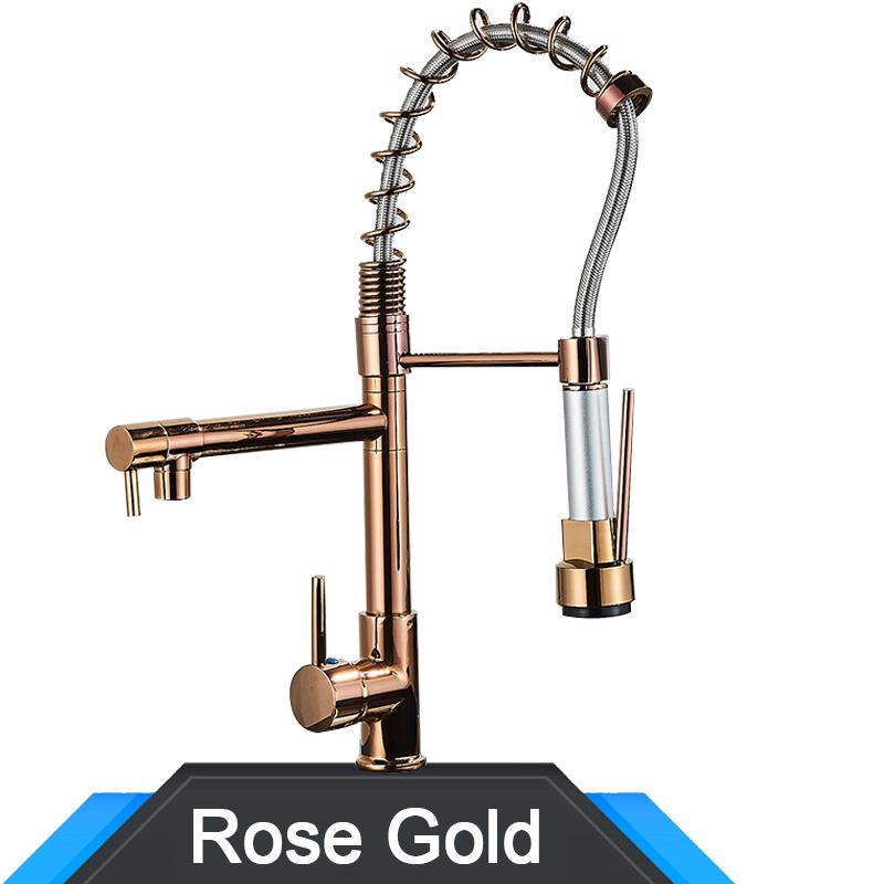 Rubinetto da Cucina Rozin Nero e Oro Rosa a Molla Estraibile Miscelatore Acqua Calda e Fredda Rubinetto a Cascata con Doppia Uscita Montaggio su Lavello