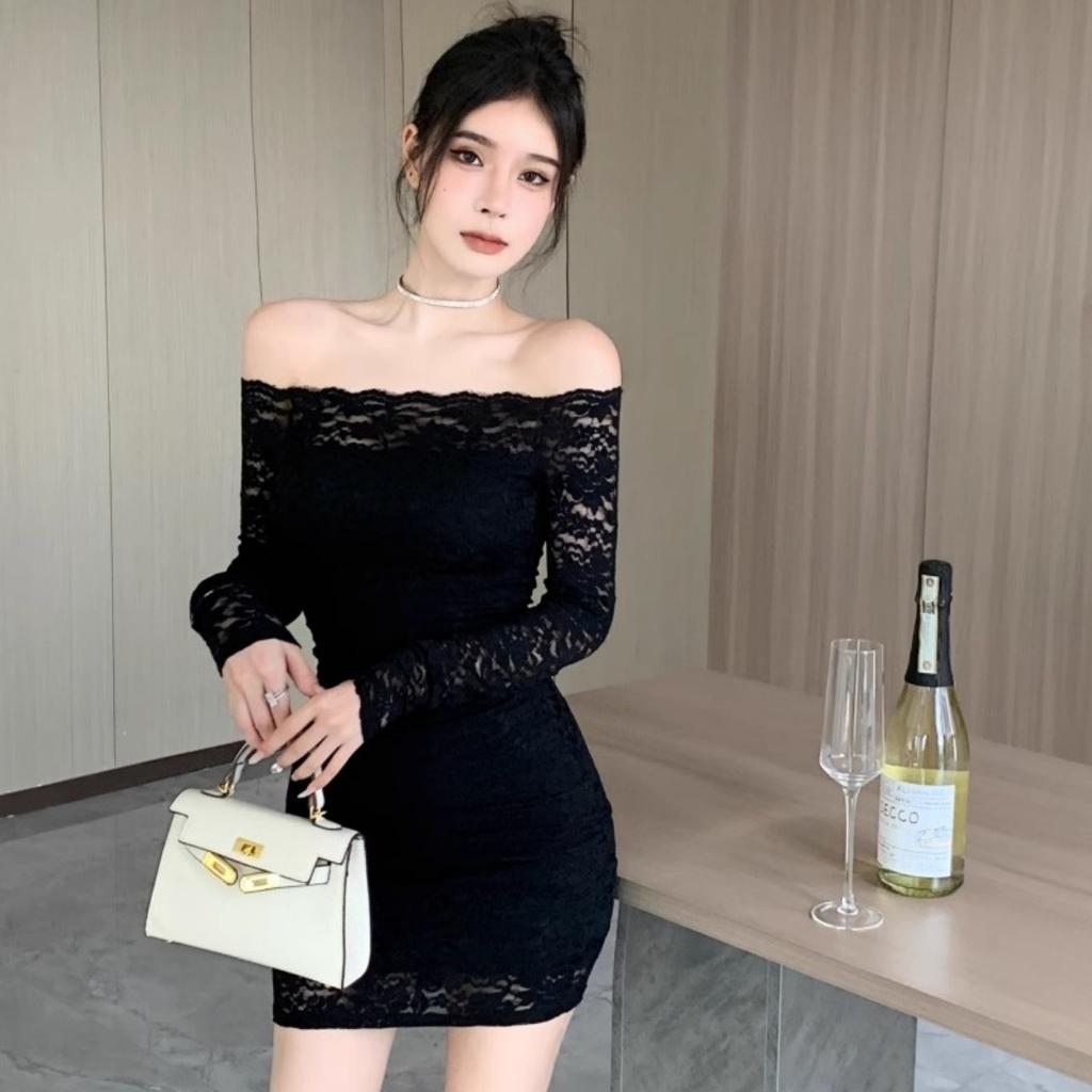 Large Size Slim Skirt Long Sleeve Dress Sexy Lace One-word Shoulder Premium Sense Slightly Fat Hip Bag Dress