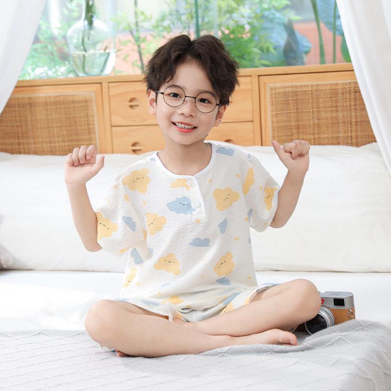 Children's Cloud Pattern Summer Pajama Set, Short Sleeve & Pants for Boys and Girls, Baby Loungewear, Air Conditioning Sleepwear