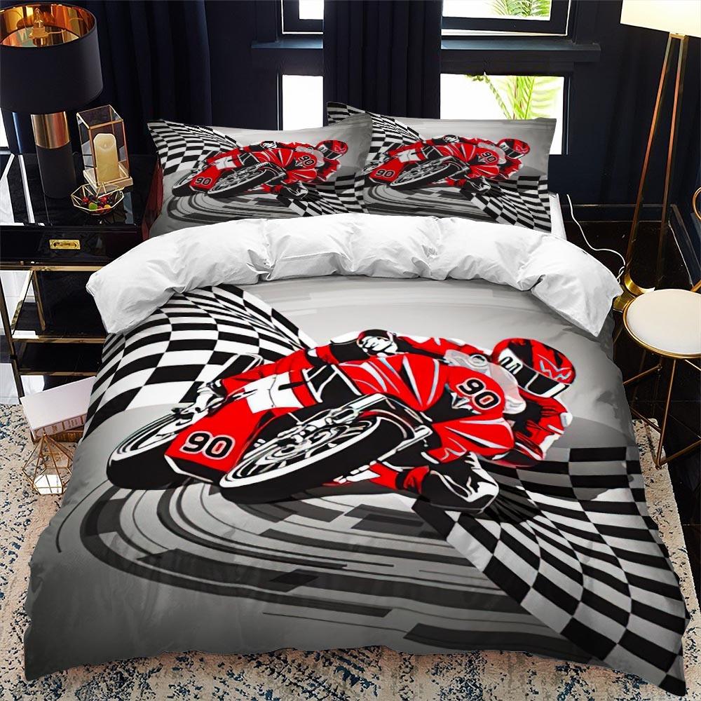 Luxury Bedding Set Motorcycle Fire Print Duvet Cover Set with Pillowcase Motocross Bedspread Boy's Bed Set