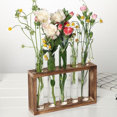 1Set Vaso da tavolo per provette Bonsai Terrario Telaio in legno Vaso in vetro Contenitore per piante idroponiche