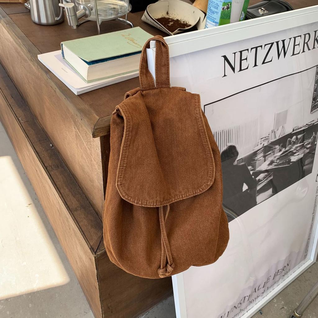 Canvas Bag, Women's Bucket Backpack, Casual and Simple Student Backpack, Washing Water, Retro Flip Cover, Drawstring, Large Capacity Backpack