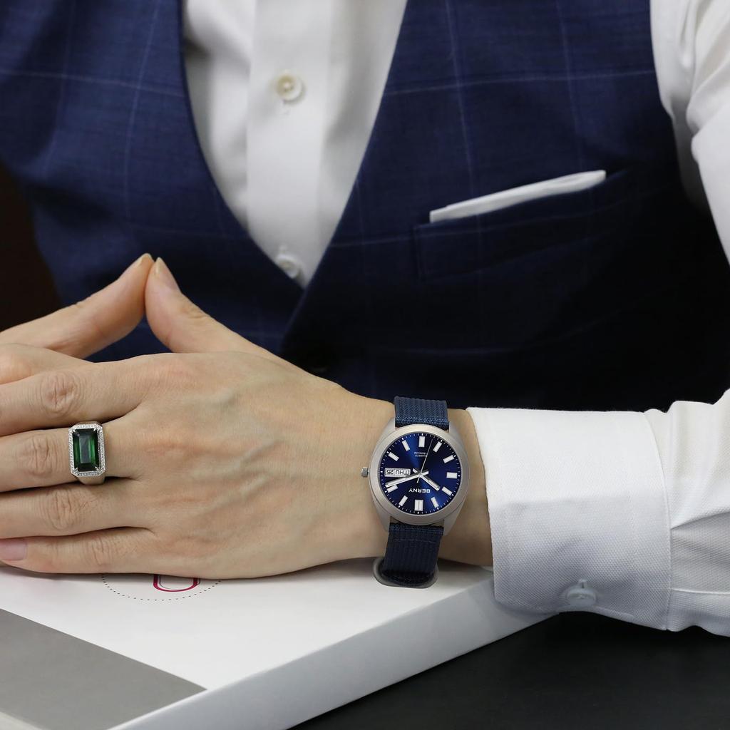BERNY Men's Titanium Analog Quartz Watch, Japanese VJ53 Movement, 10 ATM Waterproof, Sapphire Glass, Super Luminous, Calendar, Blue Dial